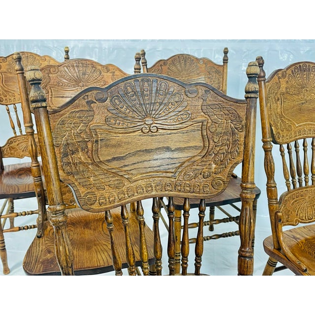 Oak Farmhouse Dining Chairs Set of 6, Carved Peacock Backs, Ronnoco 1978 For Sale - Image 14 of 18