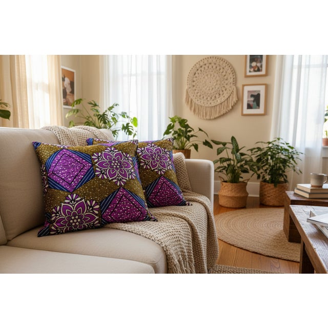 African Purple Olive Green Floral Throw Pillow Cover For Sale - Image 3 of 3