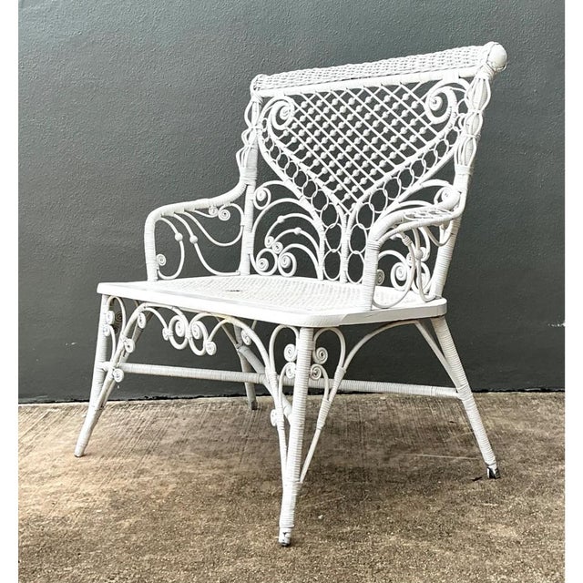 Vintage White Fiddlehead Rattan Garden Bench For Sale - Image 10 of 12