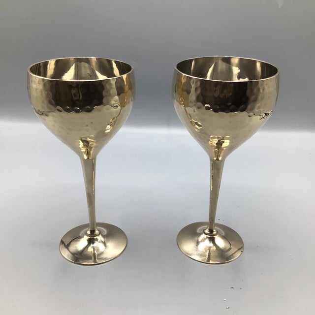 Handmade Brass Pitcher and 2 Hand Pounded Brass Wine/Water Goblets-Set of 3 For Sale - Image 10 of 12