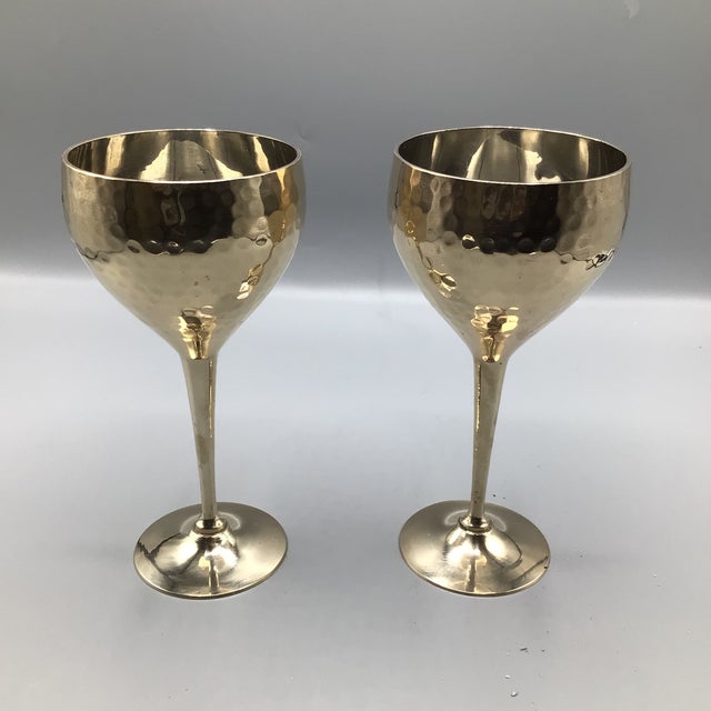 Vintage Handmade Brass Pitcher and 2 Hand Pounded Brass Wine/Water Goblets-Set of 3 For Sale - Image 10 of 12