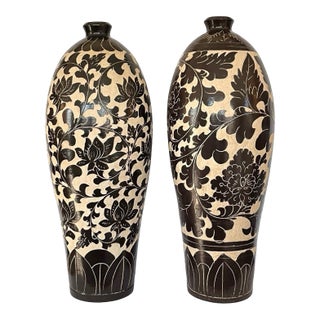 Large Carved Porcelain Floral Vases - A Pair For Sale