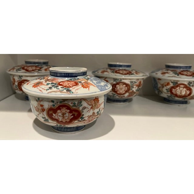Antique Colored-Imari Rice/Soup Bowls With Lids - Rare Collection of Set of 12 For Sale - Image 16 of 18