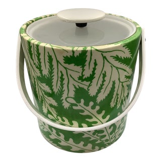 70s Coated Green Fern Patterned Fabric Ice Bucket For Sale