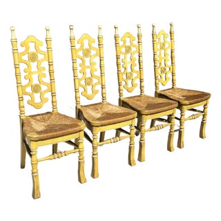1970s Mid Century Set of 4 Spanish Revival High Back Rush Seat Dining Chairs For Sale