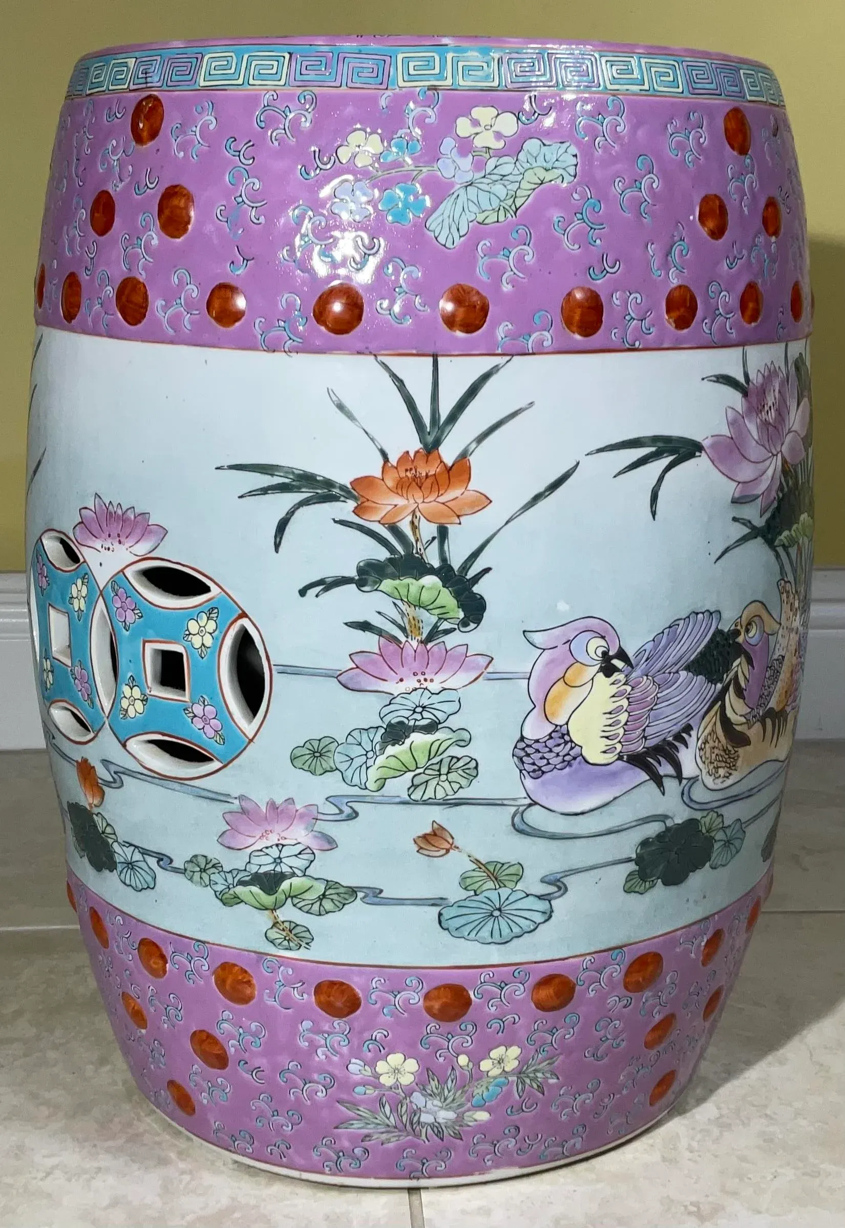 Vintage 1960s Mid-Century Chinese Famille Rose Pink Ceramic Garden