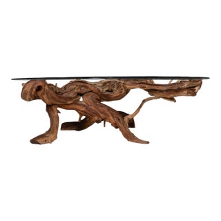 Mid-Century Organic Modern 1960s Driftwood Coffee Table Original Biomorphic Kidney Glass Top For Sale