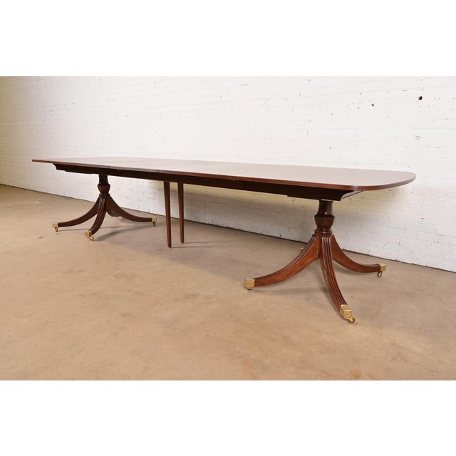 Smith & Watson Smith & Watson Georgian Banded Cherry and Burl Wood Double Pedestal Extension Dining Table, Newly Refinished For Sale - Image 4 of 13