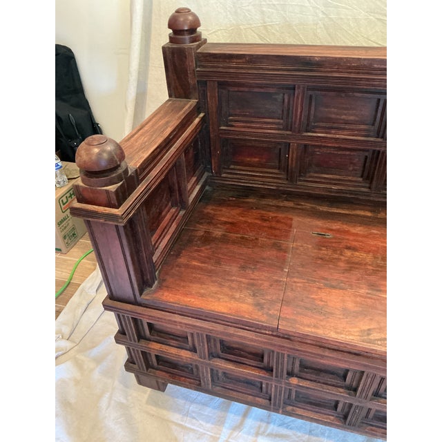 Wood Antique Victorian Edwardian Revival Paneled Settle, Storage Settle, Monks Bench For Sale - Image 7 of 17