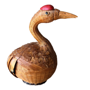 Circa 1970 Lacquered Rattan Chinese Knob Goose Petite Storage Basket