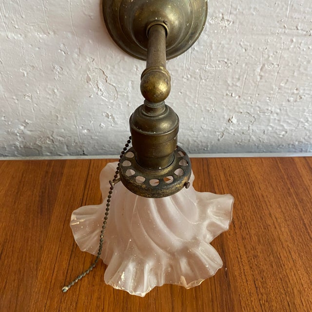 Metal Antique Industrial Brass Wall Sconce With Frosted Ruffle Shade For Sale - Image 7 of 11