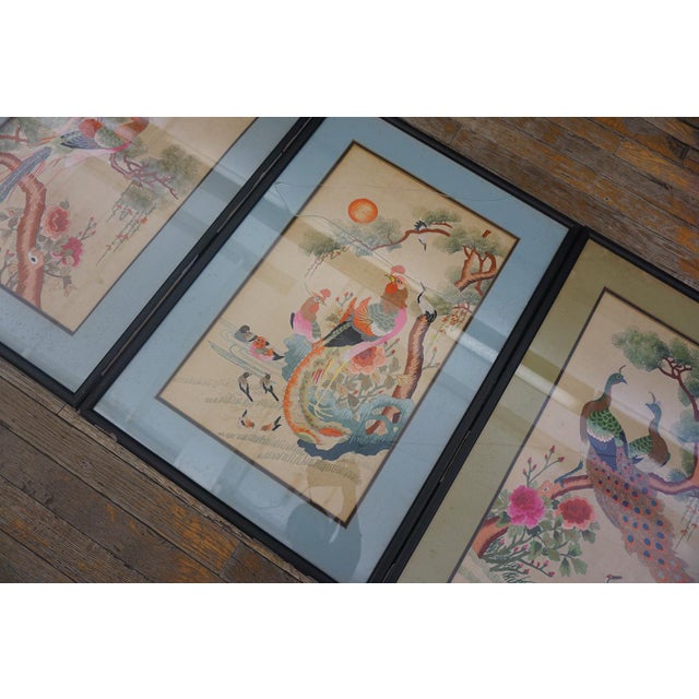 Wonderful Ivory Color With Floral Design Antique Set of Silk Embroidery of Peacock & Phoenix For Sale - Image 4 of 15