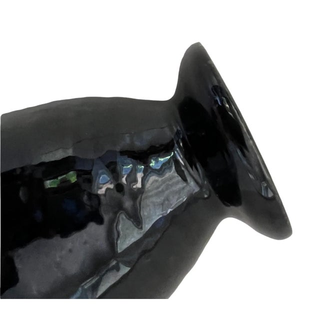 1950s 50s Mid Century Black Ceramic Glazed Japanese Ikebana Flower Vase Vintage For Sale - Image 5 of 11