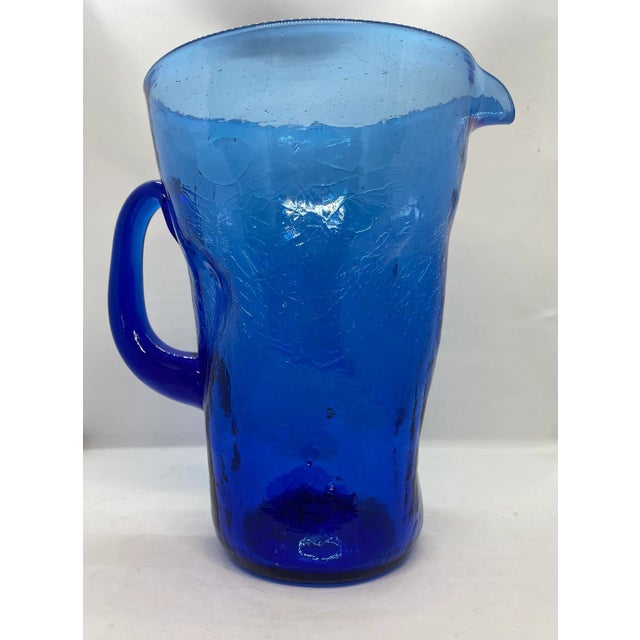 Mid-Century West Virginia Bischoff Glass Company Cobalt Blue Crackle Glass Pitcher For Sale - Image 12 of 12