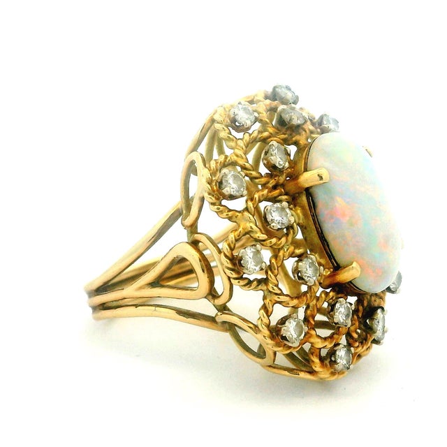 Mid-Century Modern Vintage Italian Opal & Diamond Cocktail Ring | 14k Gold Mid-Century Statement, Size 6 For Sale - Image 3 of 16