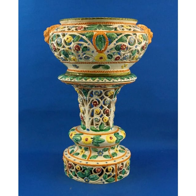 Large Art Deco Vase and Stand in Perforated Ceramic with Flowers and Masks in Bas-Relief attributed to Giovanni Lapucci, Italy, 1920s For Sale - Image 4 of 18