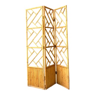 Vintage Rattan Chinese Chippendale Folding Screen For Sale