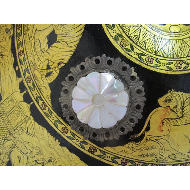 Indian Ceremonial Rajput Dhal Shield Intricate Gold Painted Hunting Scenes For Sale - Image 15 of 18