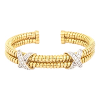 Beautiful Diamond Bracelet 18k Two Tone Double X Tubogas Flex Cuff For Sale