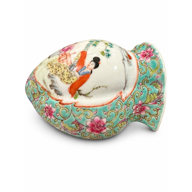 Description: Petite famille rose chinoiserie wall pocket with a hanging cord. A charming accent for a gallery wall or...