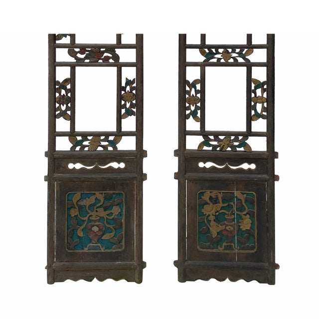 1960s Pair Chinese Vintage Restored Wood Brown Flower Carving Wall Hanging Art For Sale - Image 5 of 7