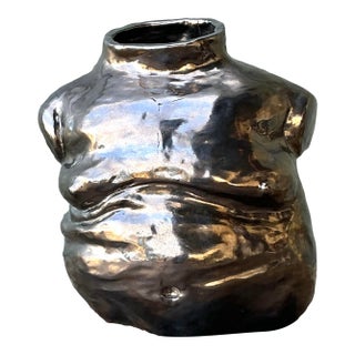 Vintage Boho Metallic Glazed Ceramic Torso Vase For Sale