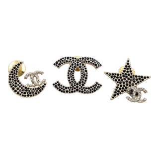 Chanel Rare Gold CC Moon Star Black Crystal 3 Pins - 3 Pieces For Sale