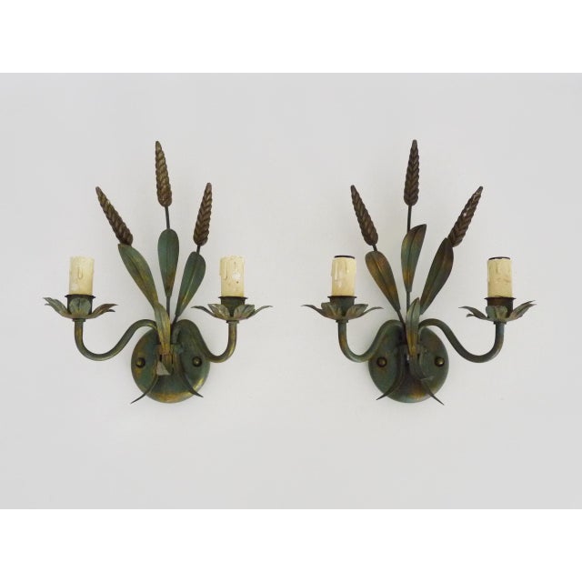 Vintage Wheat Sheaf Wall Sconces in Gold and Green Metal, 1980s, Set of 2 For Sale - Image 10 of 10