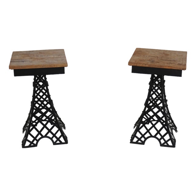 Pair Metal Base Wood Top Eiffel Tower End Tables For Sale