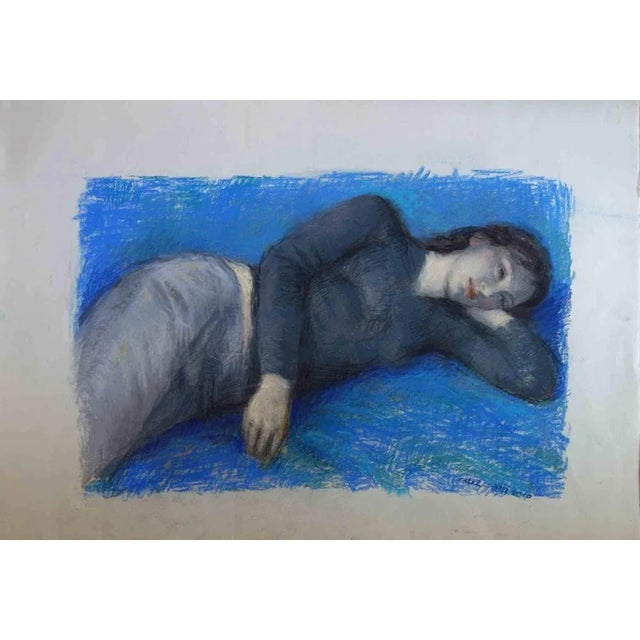 Aurelio Bulzatti, Donna Sdraiata: Fondo Blu, Original Pastel, 2010 For Sale - Image 3 of 3