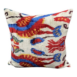 Turkish Modern Red Multicolor Velvet Silk Ikat Pillow Cover For Sale