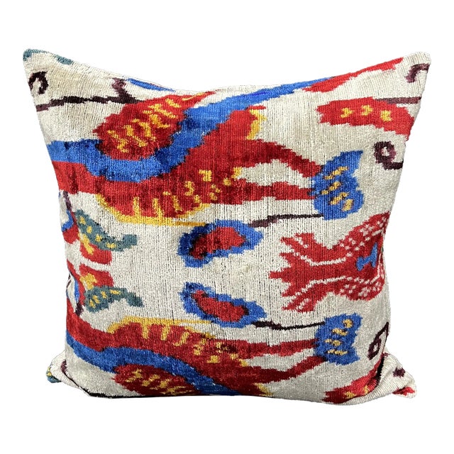 Turkish Modern Red Multicolor Velvet Silk Ikat Pillow Cover For Sale