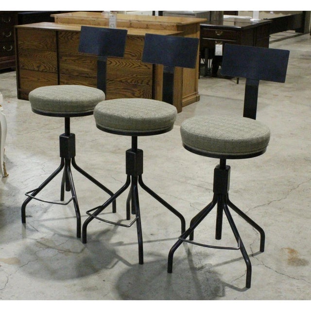 Industrial Set of 3 Adjustable Steel Counter/Bar Stools For Sale - Image 3 of 4