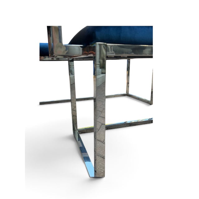 Pair of Hollywood Regency Cobalt Blue Velvet & Chrome Benches For Sale - Image 4 of 11