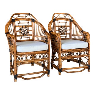Mid-20th Century Restored Refinished Rattan Fretwork Chippendale Side Chairs-Pair For Sale