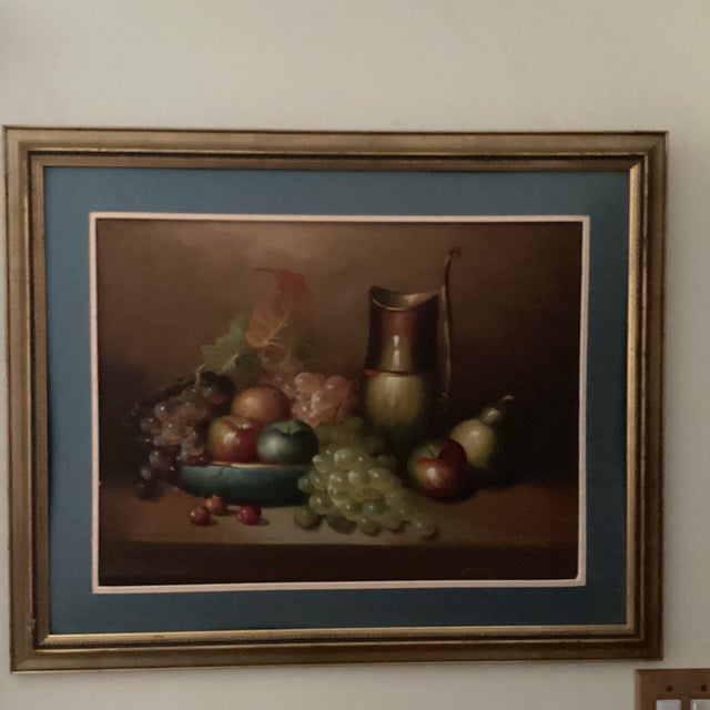 The product is a vintage original still life painting on canvas by artist Parkey, featuring a fruit and wine scene. The...