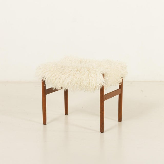 Wood Mid-Century Danish Teak Ottoman in Long Hair Sheepskin, 1960s For Sale - Image 7 of 11