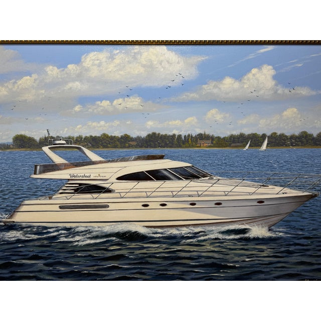 British Marine Oil Painting Windermere Lake District Ascendancy — Fairline Squadron 50 Yacht Under Cumbrian Skies Signed Edward Hersey Gilt Framed For Sale - Image 10 of 18