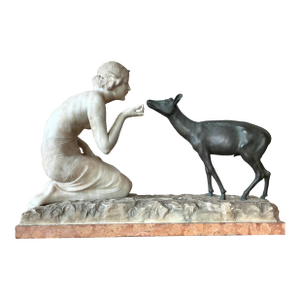 Vintage French Deco R. Ponti “Femme a La Biche” Carved Stone and Bronze Sculpture