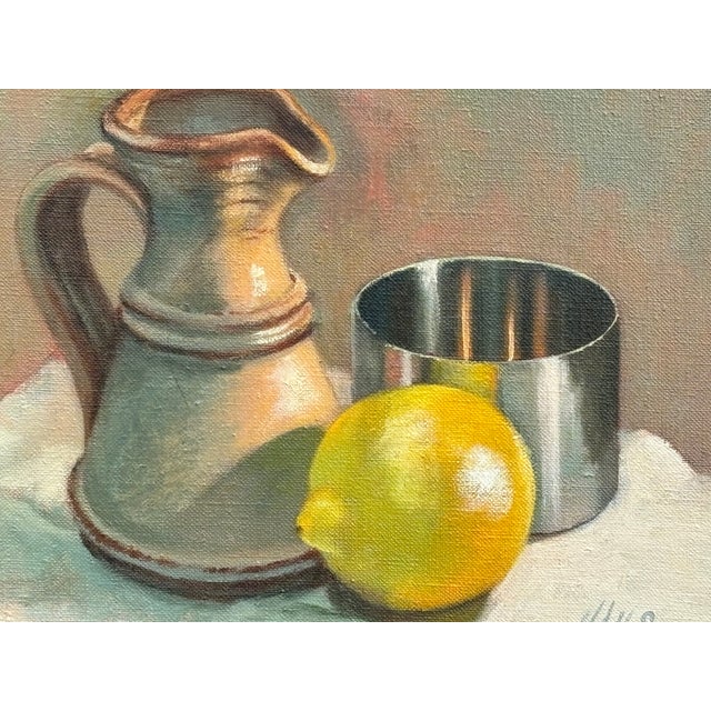 Very well-executed original oil on canvas by American artist Barbara Gelderman Hails. A simple still life - Lemon,...