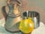 Very well-executed original oil on canvas by American artist Barbara Gelderman Hails. A simple still life - Lemon,...