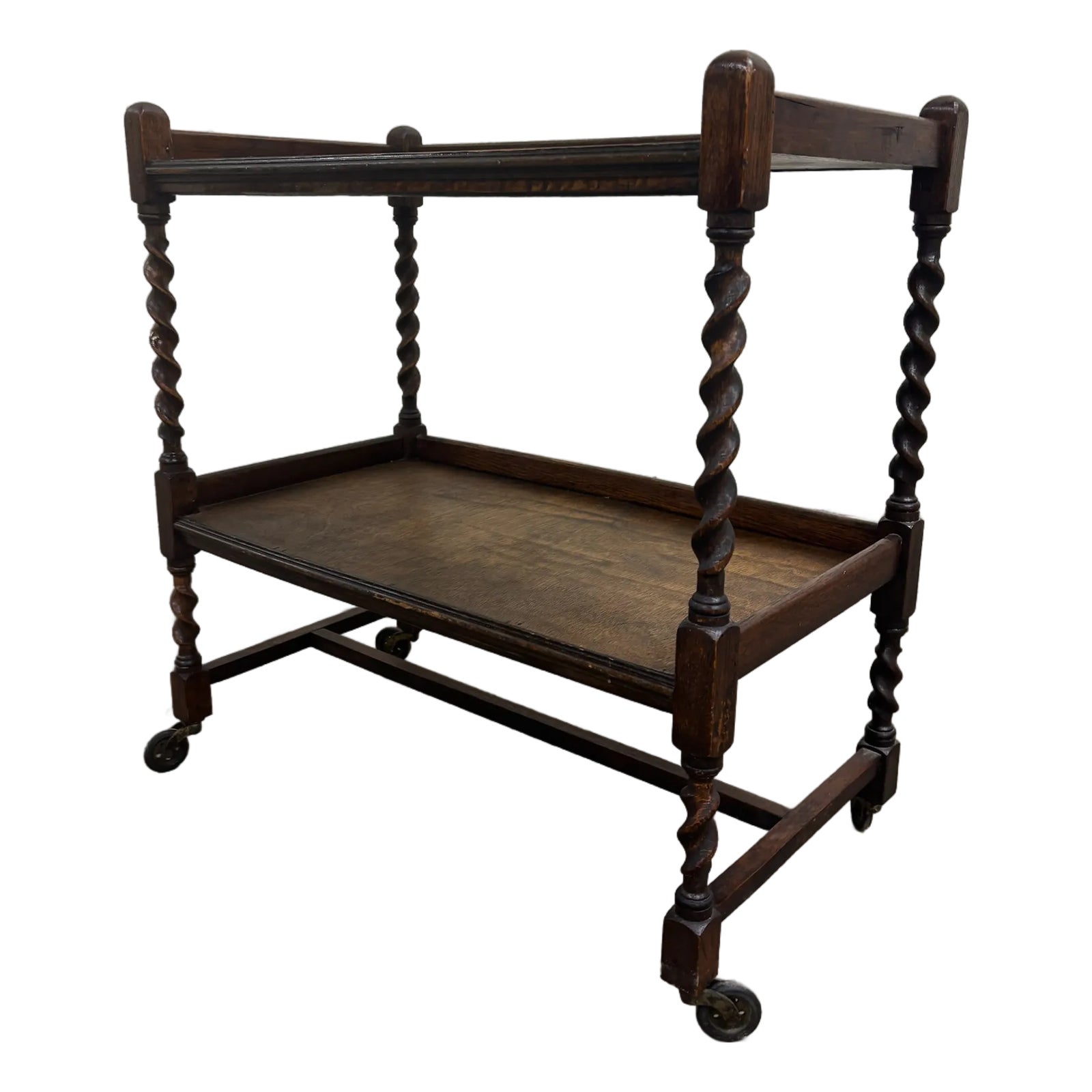 Antique English Barley Twist Oak Trolley Tea Cart Dumbwaiter
