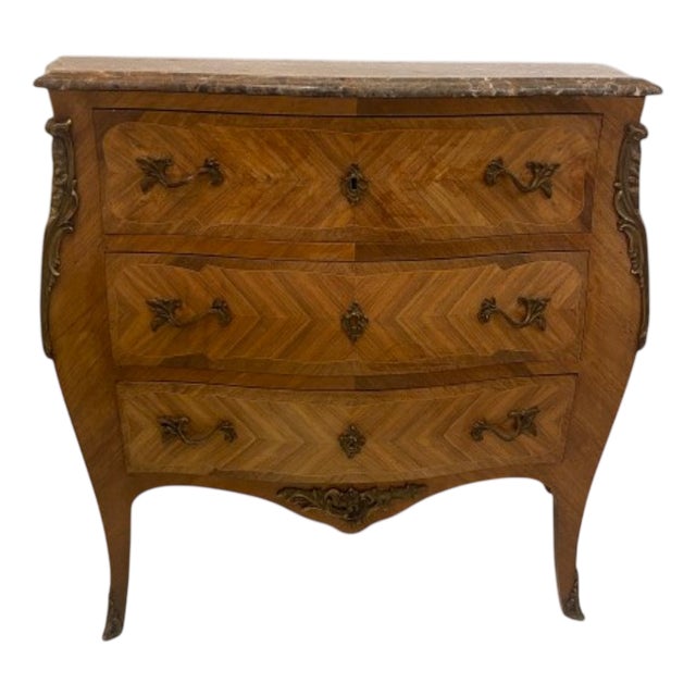 Louis XV Bombé Commode in Chevron Marquetry and Emperador Marble, 1890s For Sale