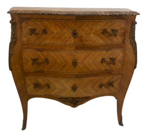 Louis XV Bombé Commode in Chevron Marquetry and Emperador Marble, 1890s