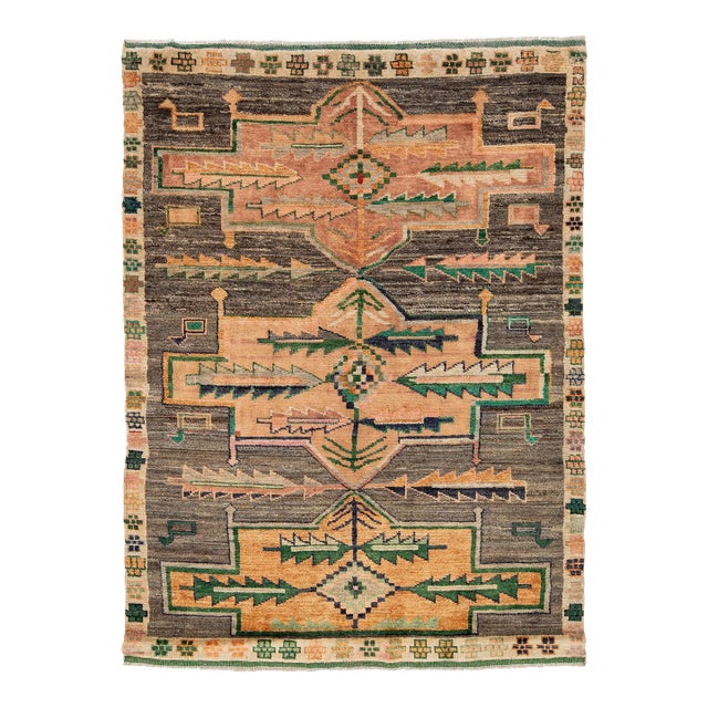 Modern Baluch Style Hand-Knotted Area Wool Rug – Abstract Geometric Tribal 6x8 For Sale