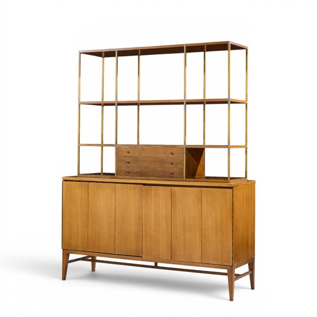 Mid-Century Modern Paul McCobb for Calvin Mid Century Walnut and Brass Room Divider Credenza With Hutch For Sale - Image 3 of 15