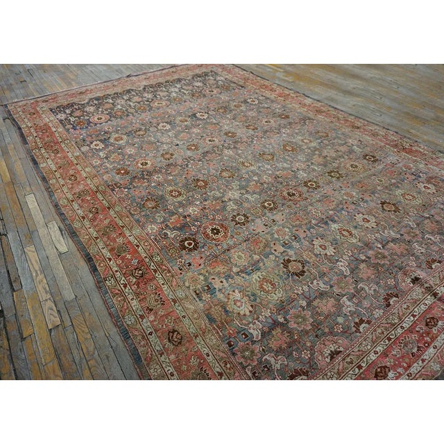 1900 - 1909 Calming Cornflower Blue Background Apricot Border Floral Design Antique Persian Bijar Rug For Sale - Image 5 of 12