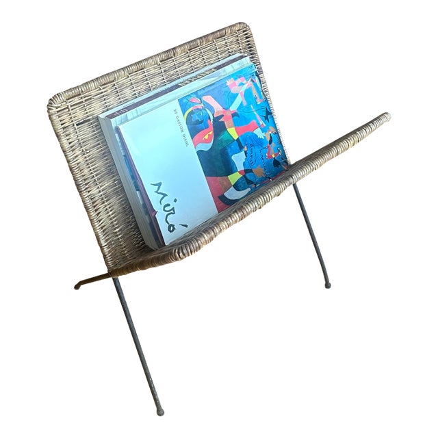 Mid Century Modern Italian Wicker & Metal Magazine Stand For Sale
