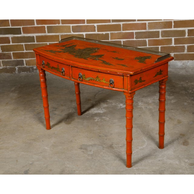 English Red Lacquer Faux Bamboo 19th Century Desk with Gilded Chinoiserie Décor For Sale - Image 9 of 12