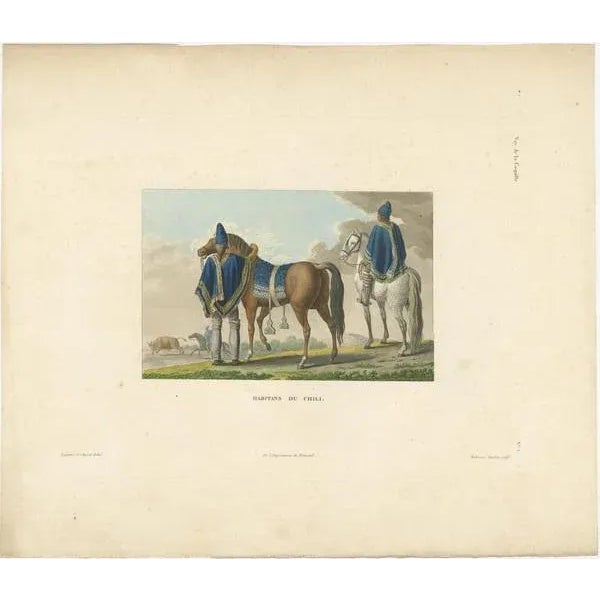 Antique print titled 'Habitans du Chili' Original old print with inhabitants of Chile. This print originates from 'Voyage...